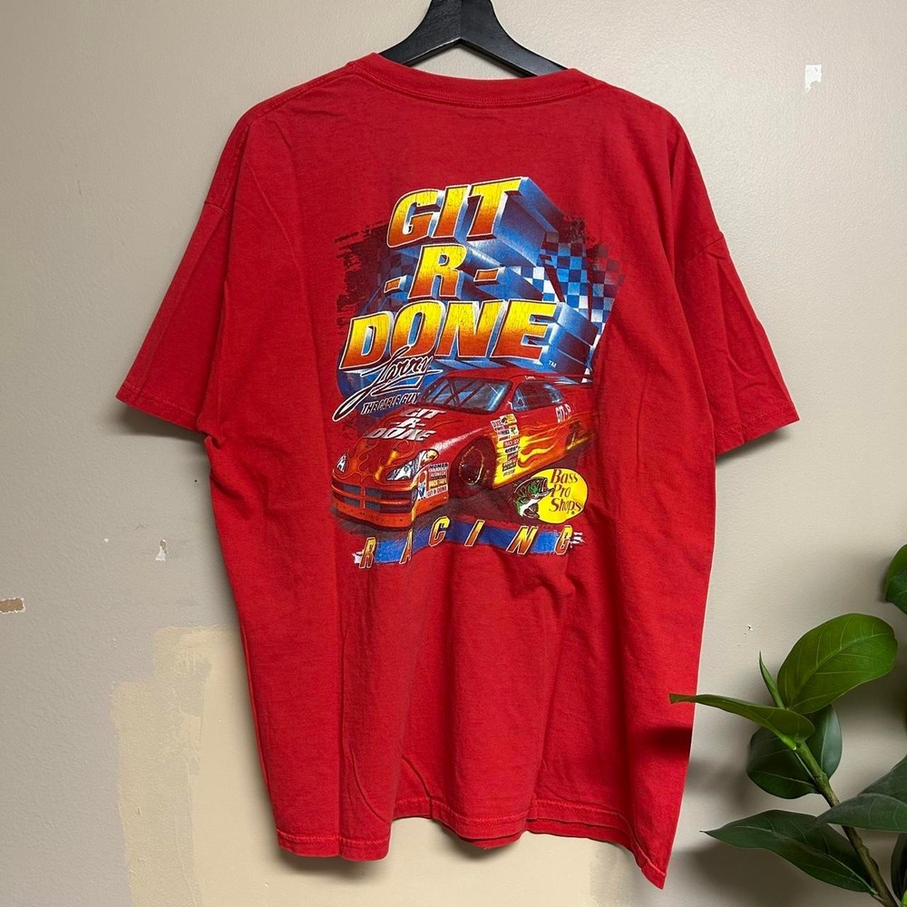 Vintage 2000s Bass Pro Shops Git R Done Racing Graphic Shirt Mens XL Red Gildan